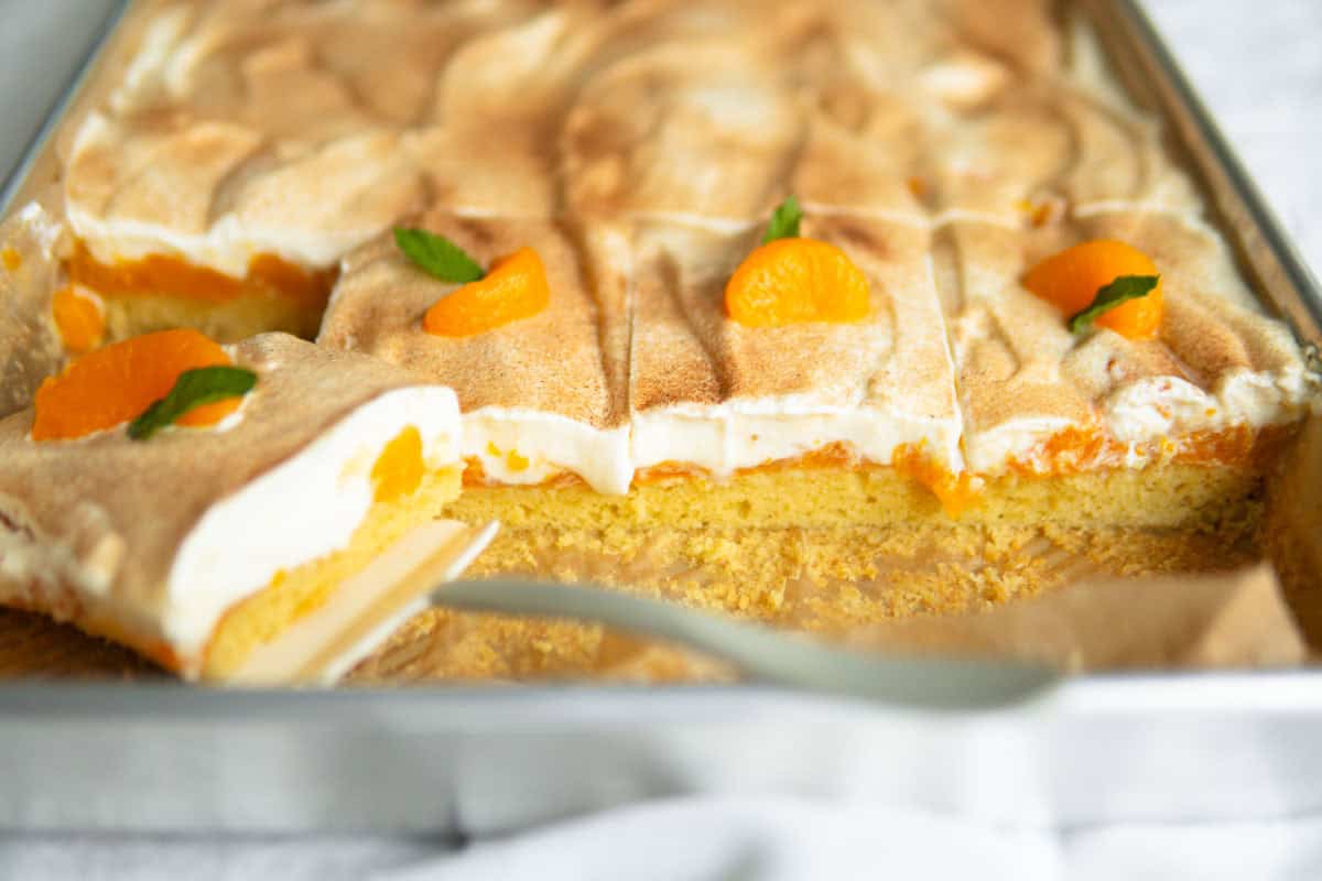 Side view of mandarin orange cake showing the orange, the cream and cake layer.