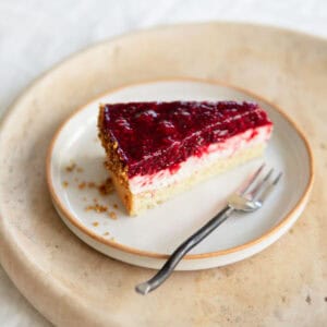 A slice of raspberry cake sitting on a plate.