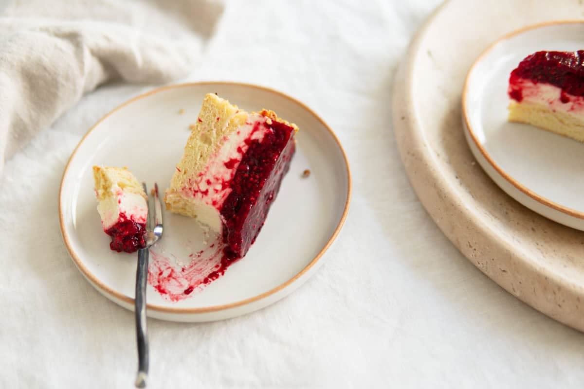 A closeup of a slice of raspberry cake on its side.