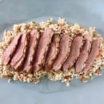 German smoked duck breast with root vegetables and barley.