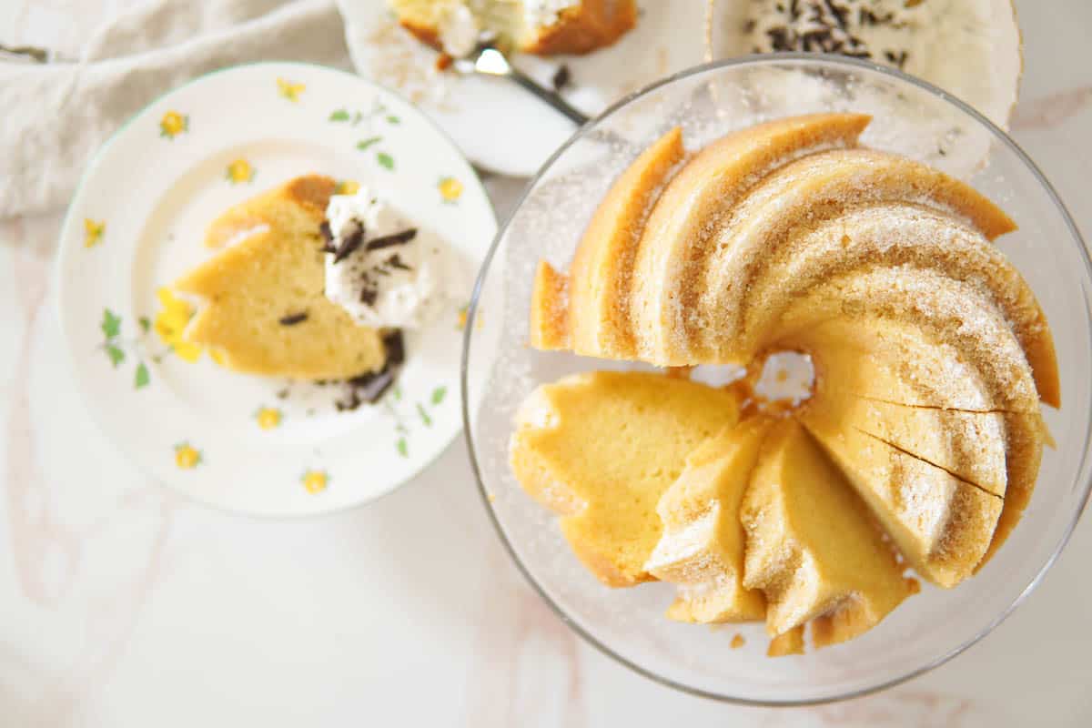 Cake slices arranged on a platter and on plates