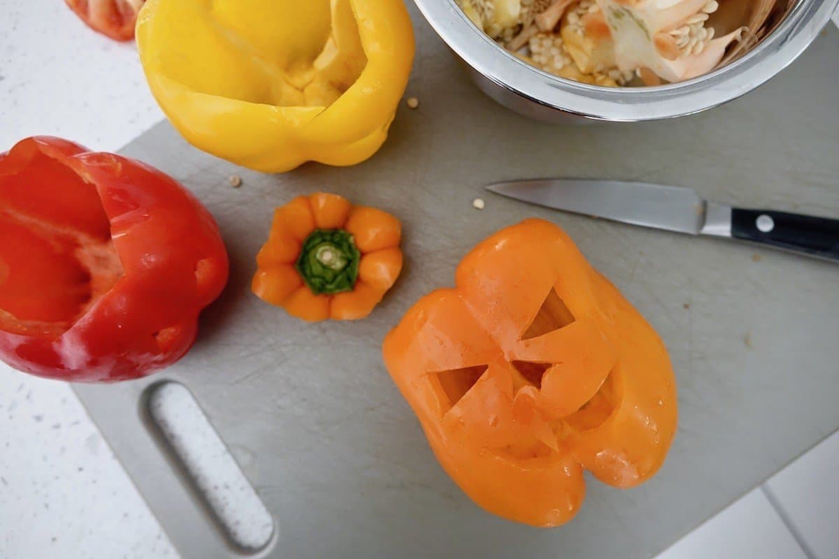 Carving bell peppers for stuffed German bell peppers.