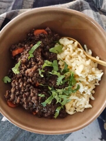 lentils and German egg noodles called spätzle served together in a brown bowl topped with fresh parsley