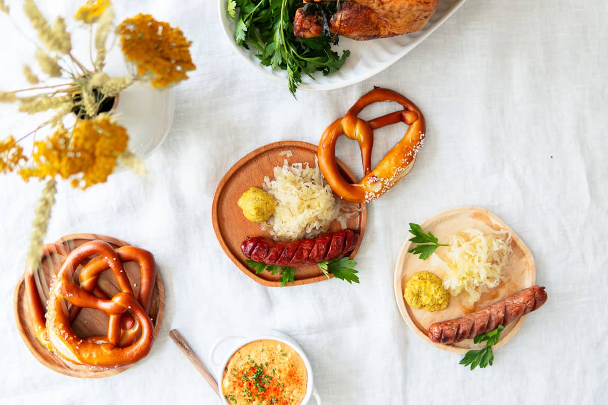 bratwurst and pretzels on a plate for oktoberfest