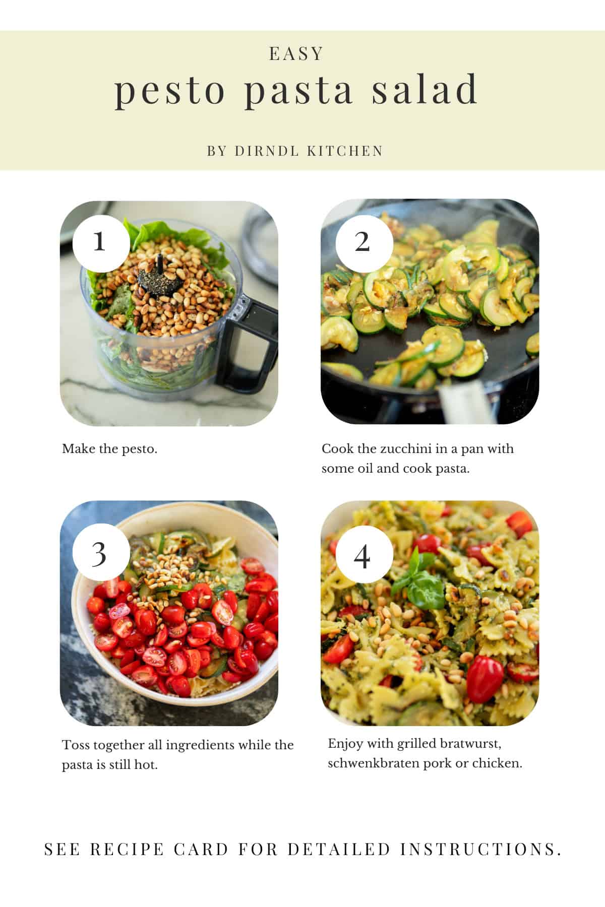 Step by step instructions for how to make pesto pasta salad.