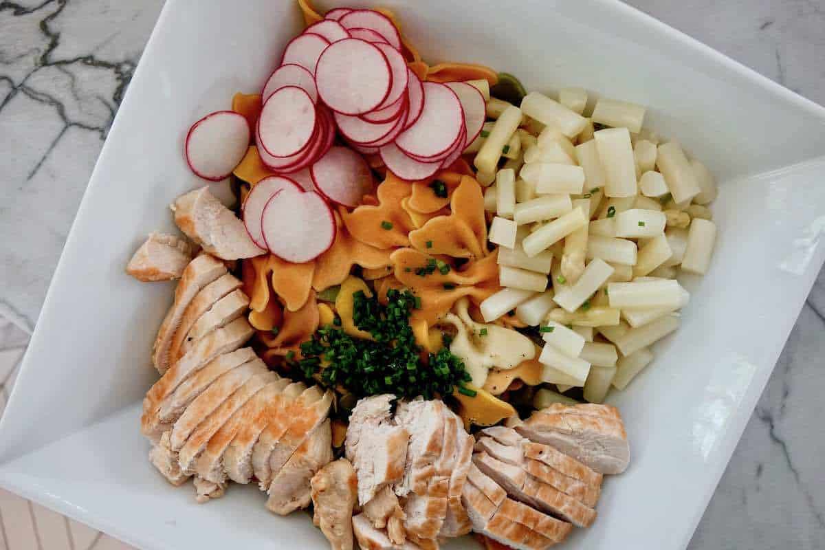 bowl of white asparagus noodle salad