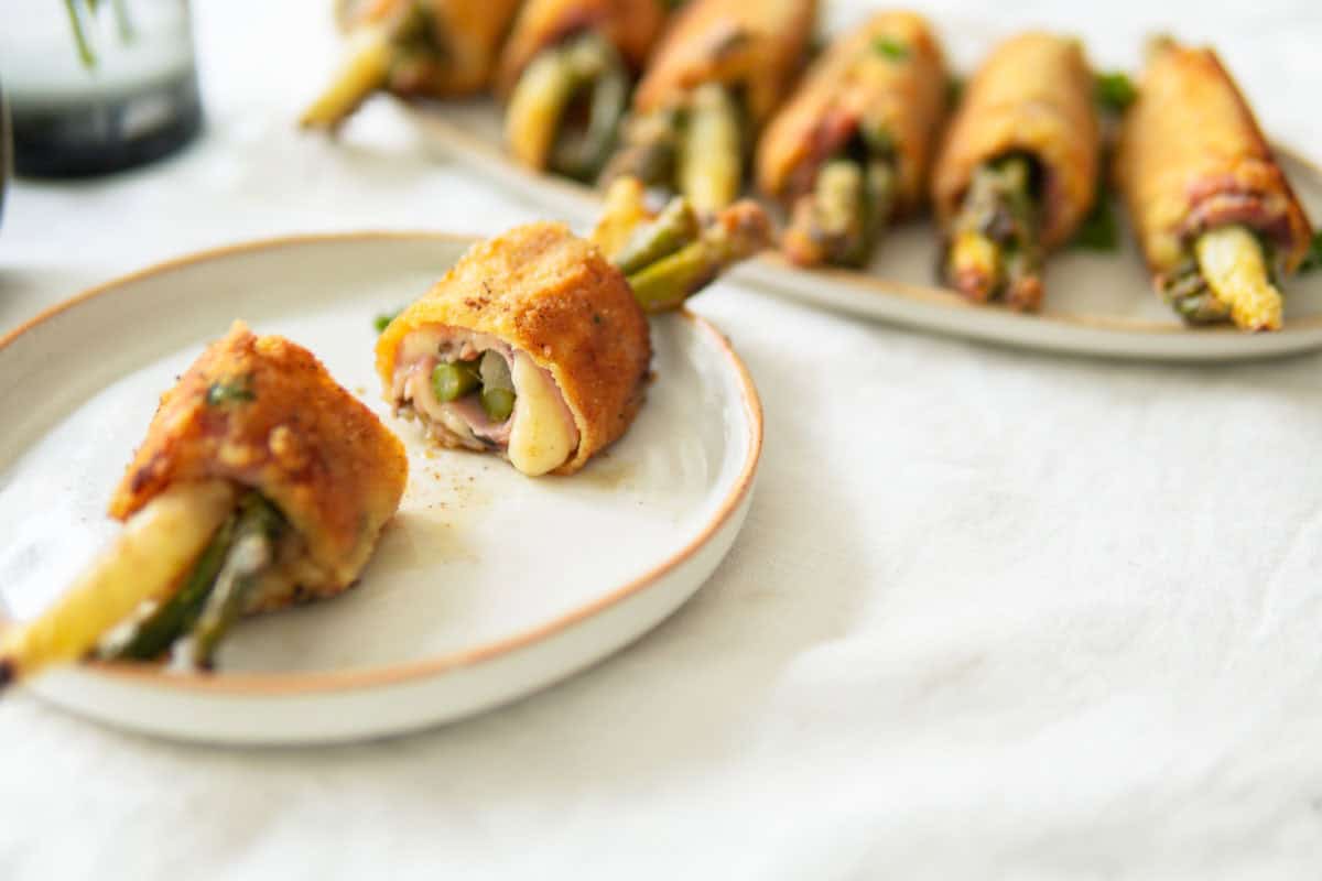 The inside of white asparagus cordon bleu.