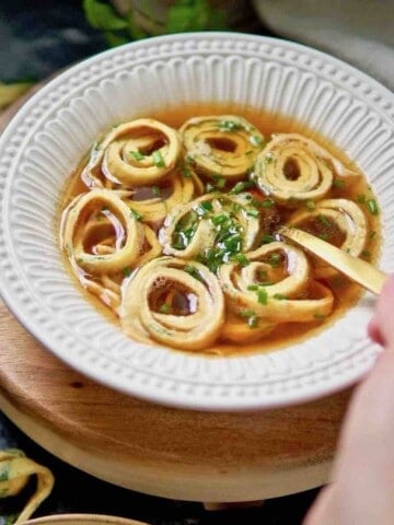 Fladlesuppe soup with pancakes dirndl kitchen