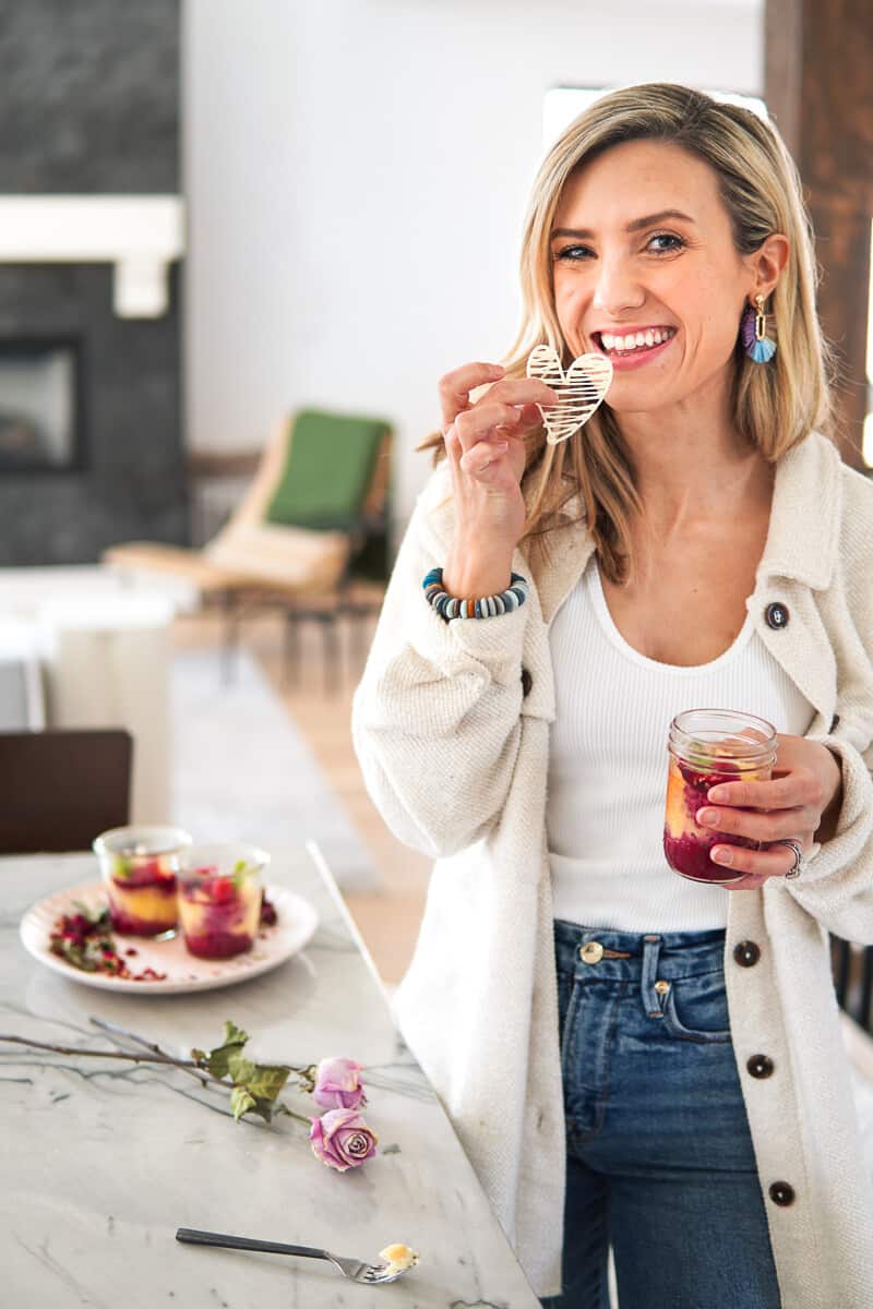 photo of girl standing with jar of German cheesecake in hand