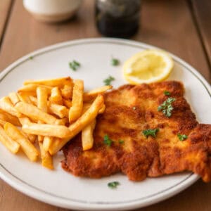 German pork schnitzel on a plate with fries and lemon