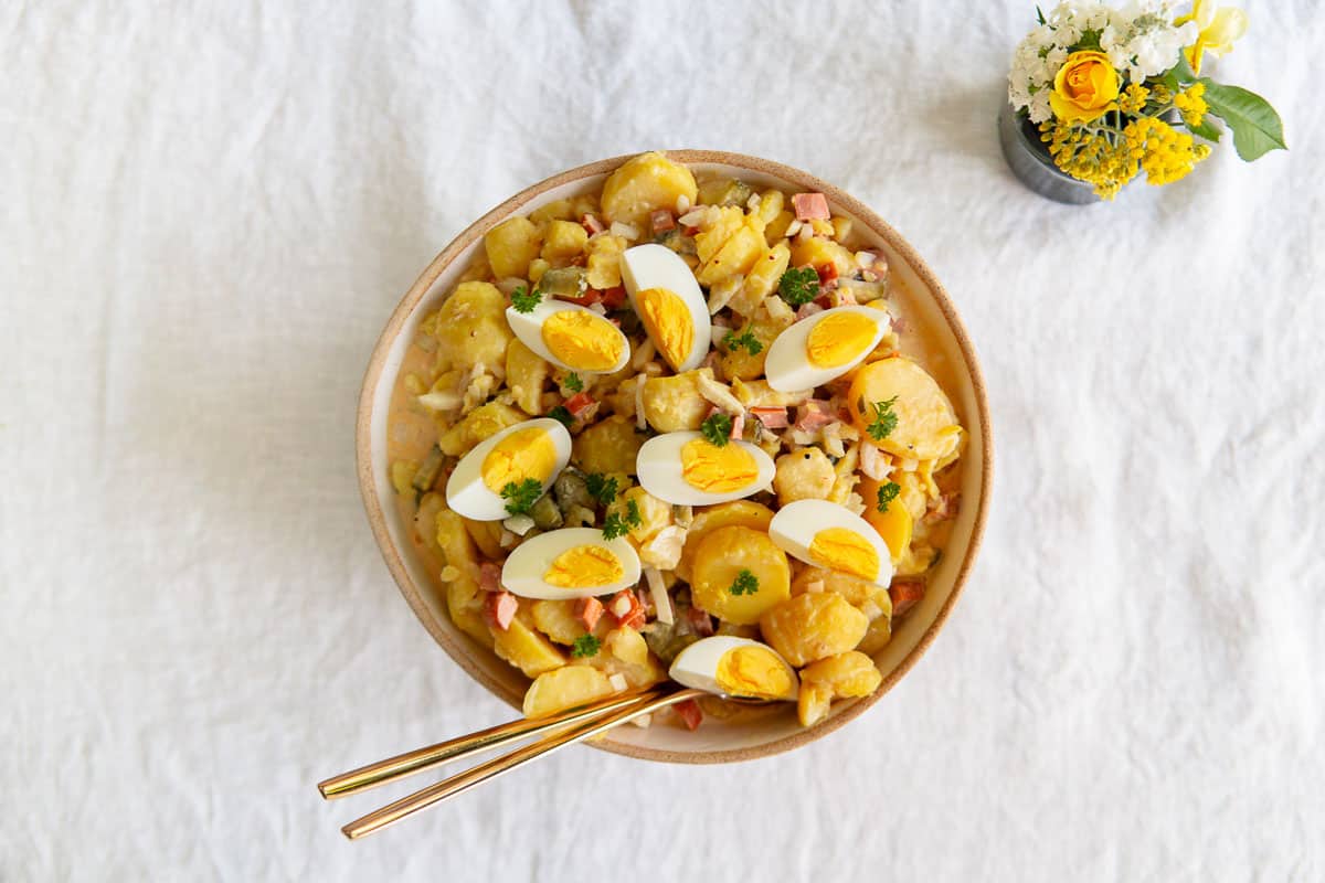 Bowl of creamy German potato salad.