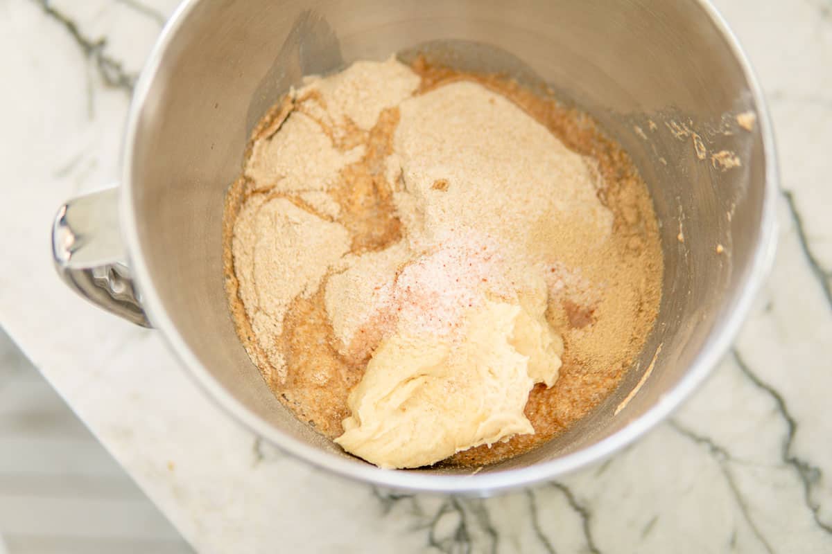 all doughs and other ingredients together in a bowl before final mixing.
