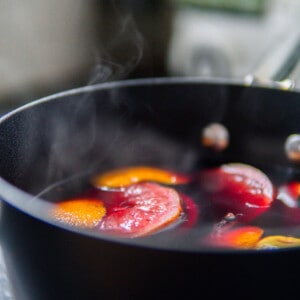 homemade mulled wine steaming in a pot