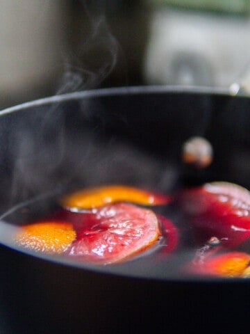 homemade mulled wine steaming in a pot