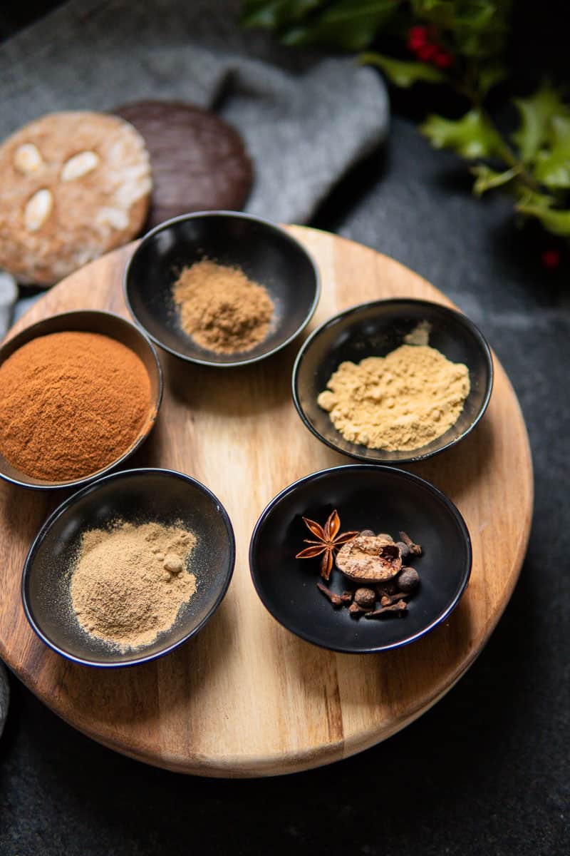 gingerbread Lebkuchen spices on a wooden plate