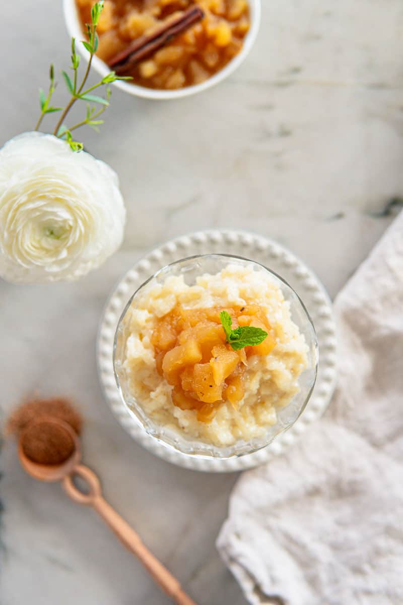 rice pudding topped with cinnamon apple sauce