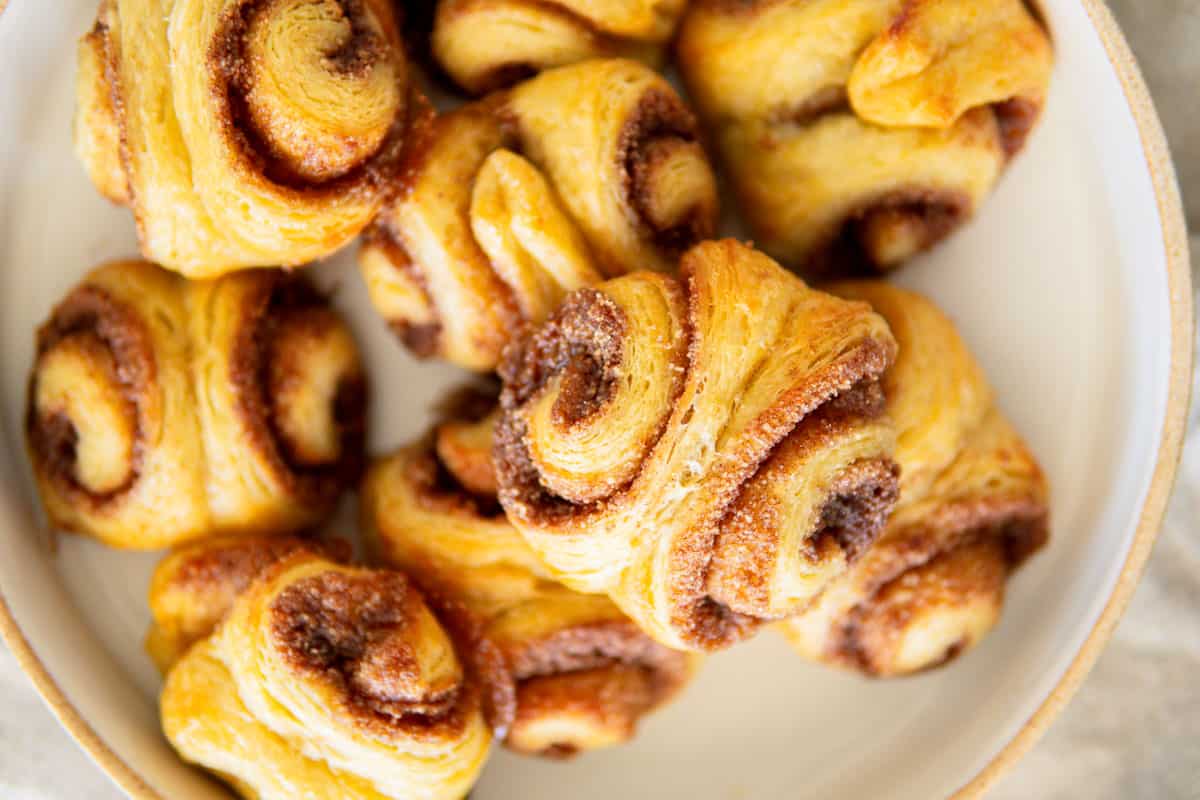 closeup of franzbrotchen German cinnamon rolls