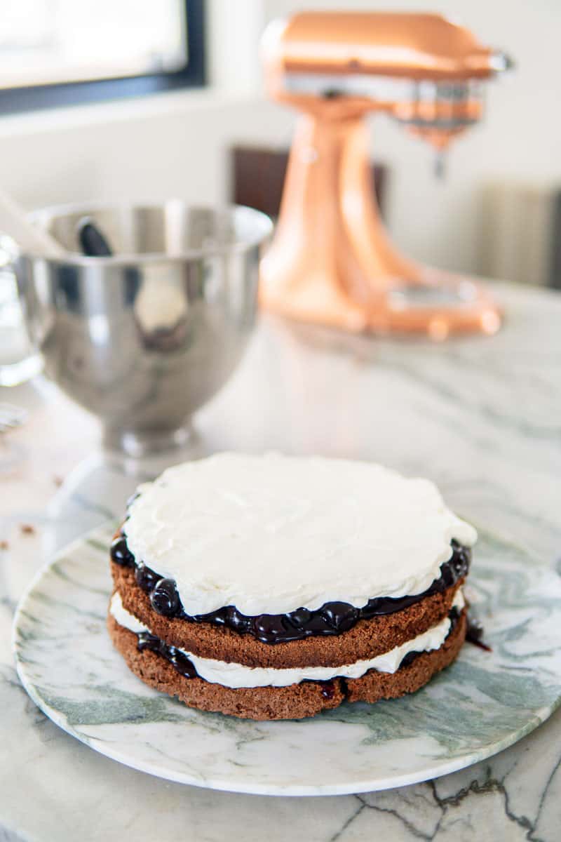 assembling a Black Forest cake
