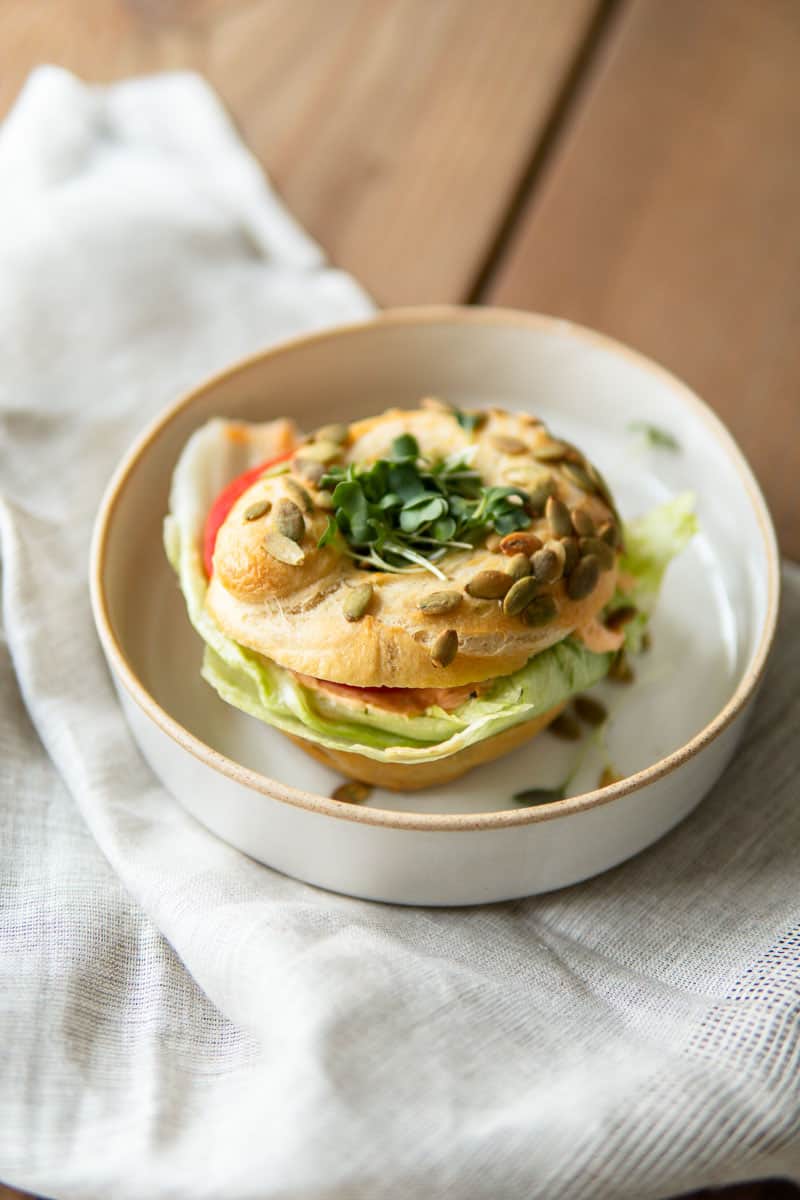 bagel sandwich on a white plate