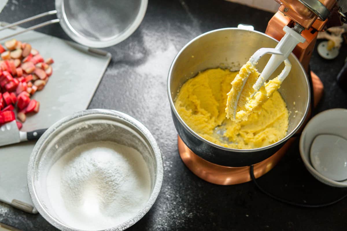 rhubarb muffin batter in the making