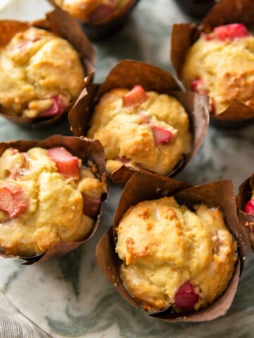 rhubarb muffins on marble platter