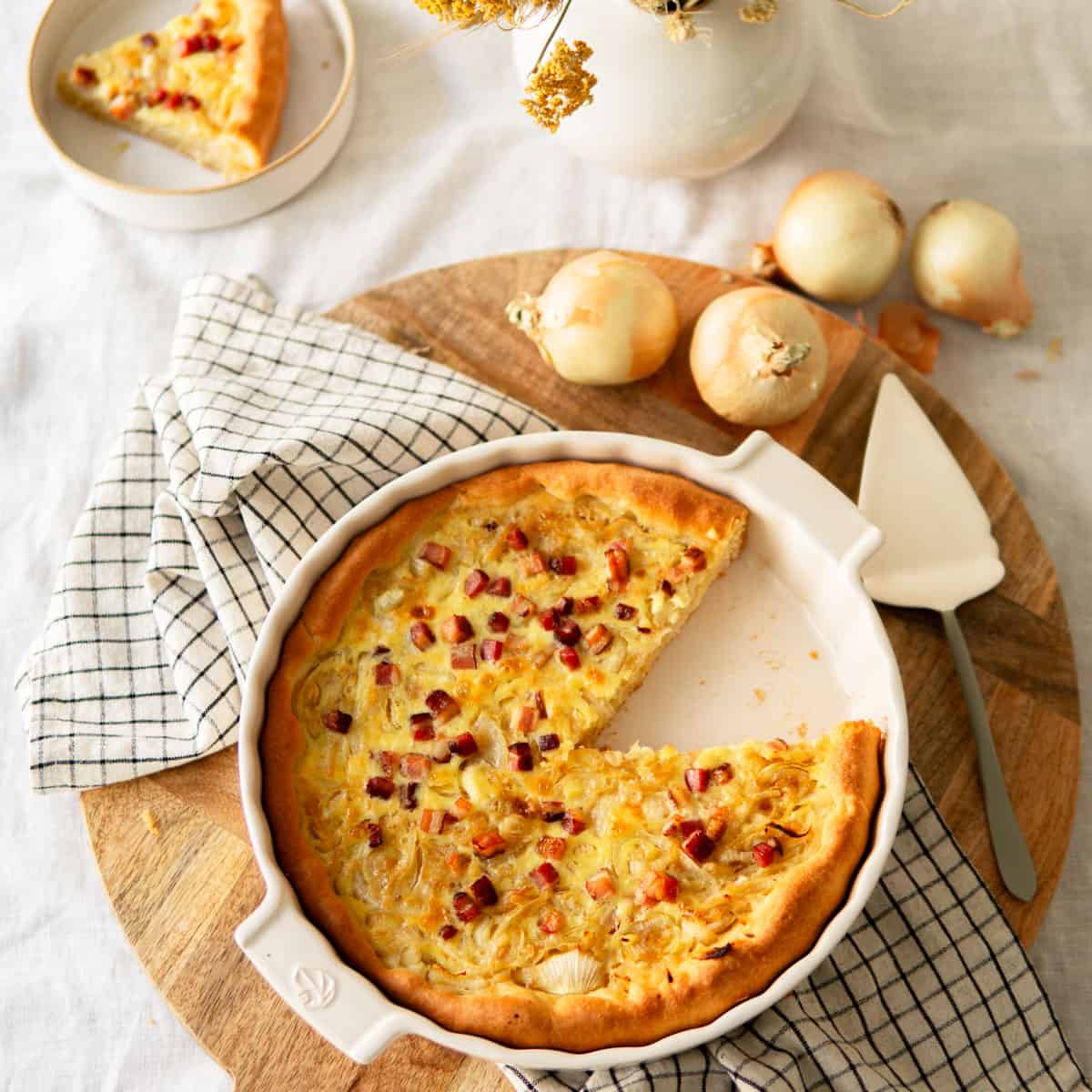 German onion pie topped with bacon pieces