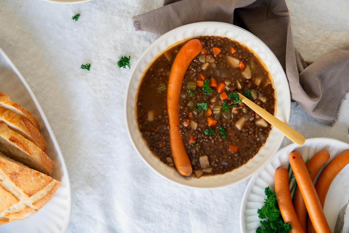 bowl of lentil soup with sausage