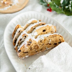 sliced German stollen on a platter