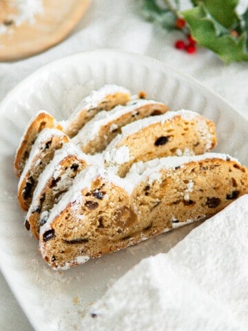 sliced German stollen on a platter
