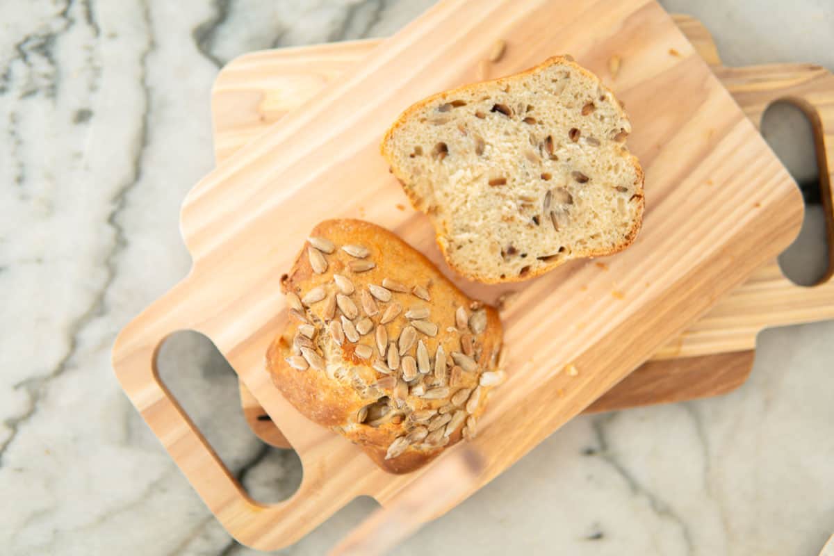 brötchen cut open on a wooden board