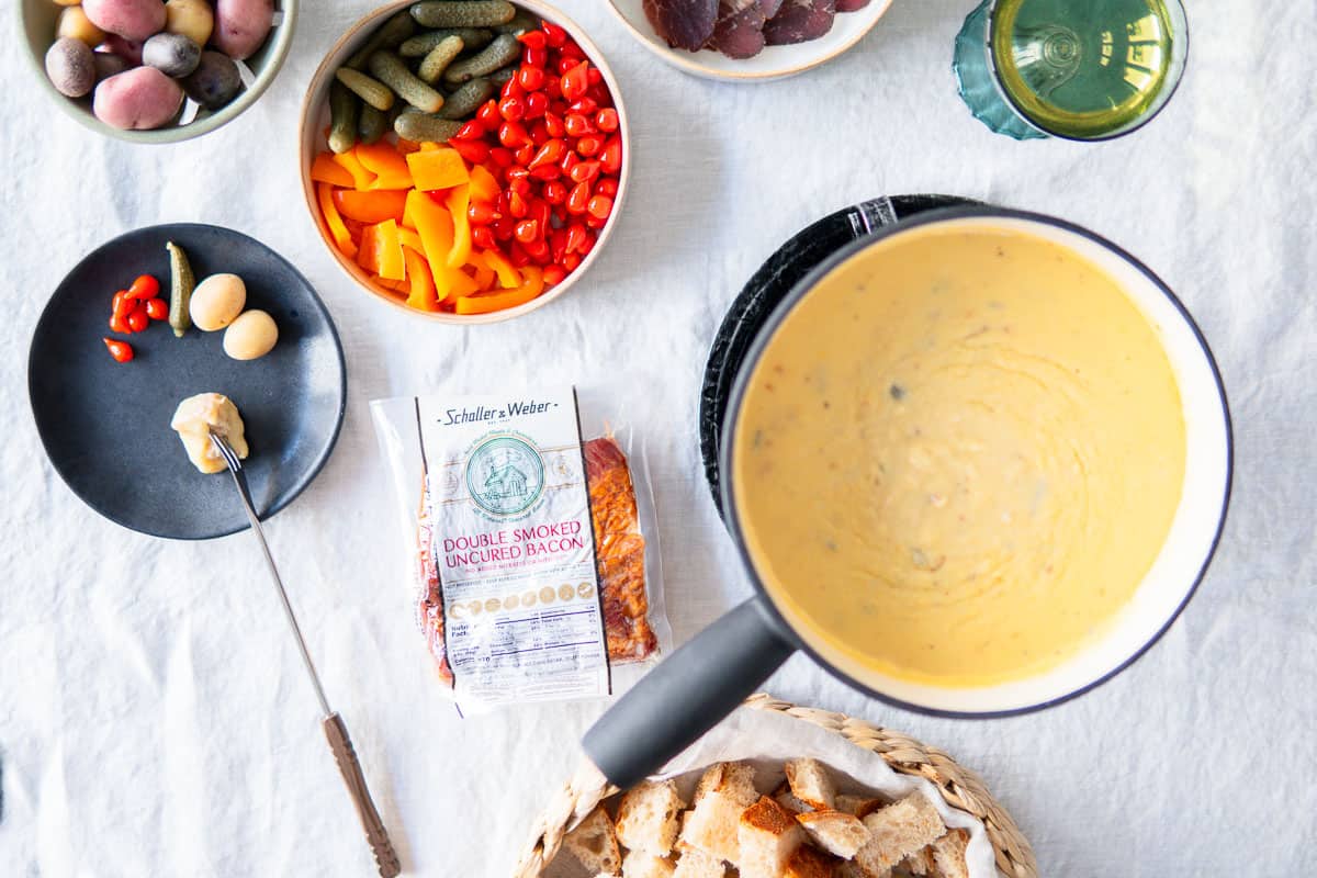 double smoked bacon by Schaller and Weber in beer cheese fondue