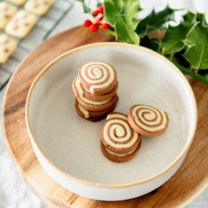 chocolate vanilla pinwheel cookies on plate