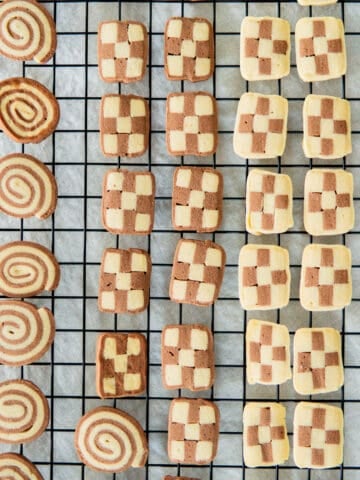 pinwheel cookies on a cooling rack
