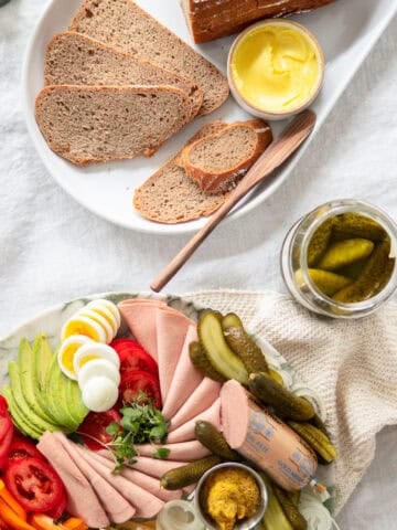 A traditional German dinner called Abendbrot with sliced bread, meats and cheeses.