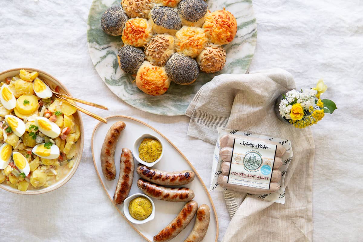 Sliders, grilled bratwurst and German potato salad.