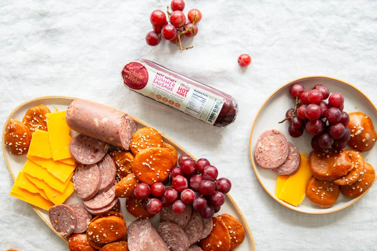 Mike's hot honey summer sausage from Schaller and Weber served with pretzel crackers.