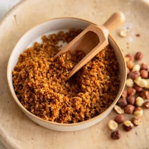 Caramelized hazelnut Krokant topping sitting in a bowl.