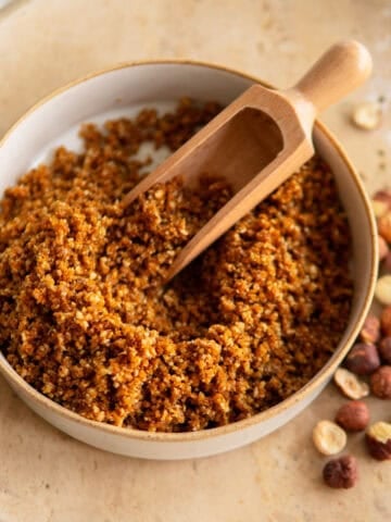 Caramelized hazelnut Krokant topping sitting in a bowl.