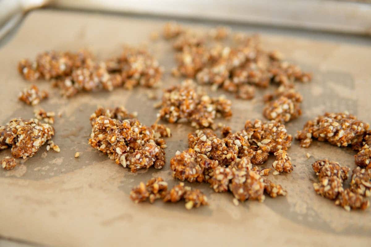 Hazelnut crunch topping before processing it into fine a fine topping.