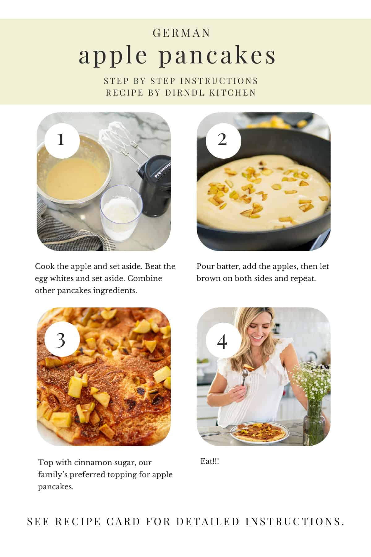 Step by step images of how to make apple pancakes.