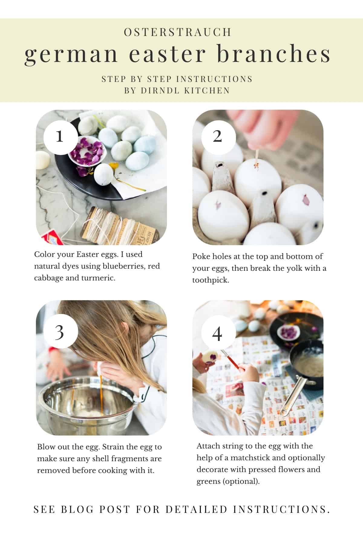 Step by step images of how to dye and decorate eggs the German way for Easter.
