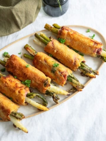 easy white asparagus cordon bleu siting on a platter.