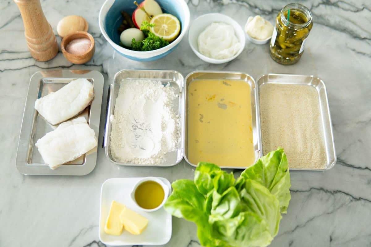 Ingredients for German fried fish sandwiches.