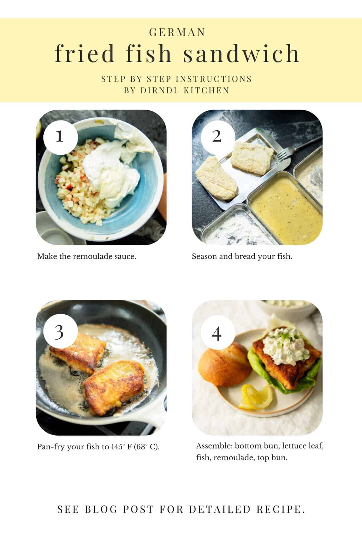 Step by step photos on how to make fried fish sandwiches, starting with assembling the remoulade sauce, then breading the fish, then frying the fish in the pan and then assembling the fish.